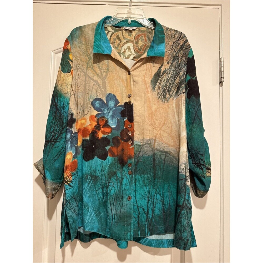 John Mark Womens XL Button Up Floral Front Tunic Ruched Tie Sleeves Wired Collar